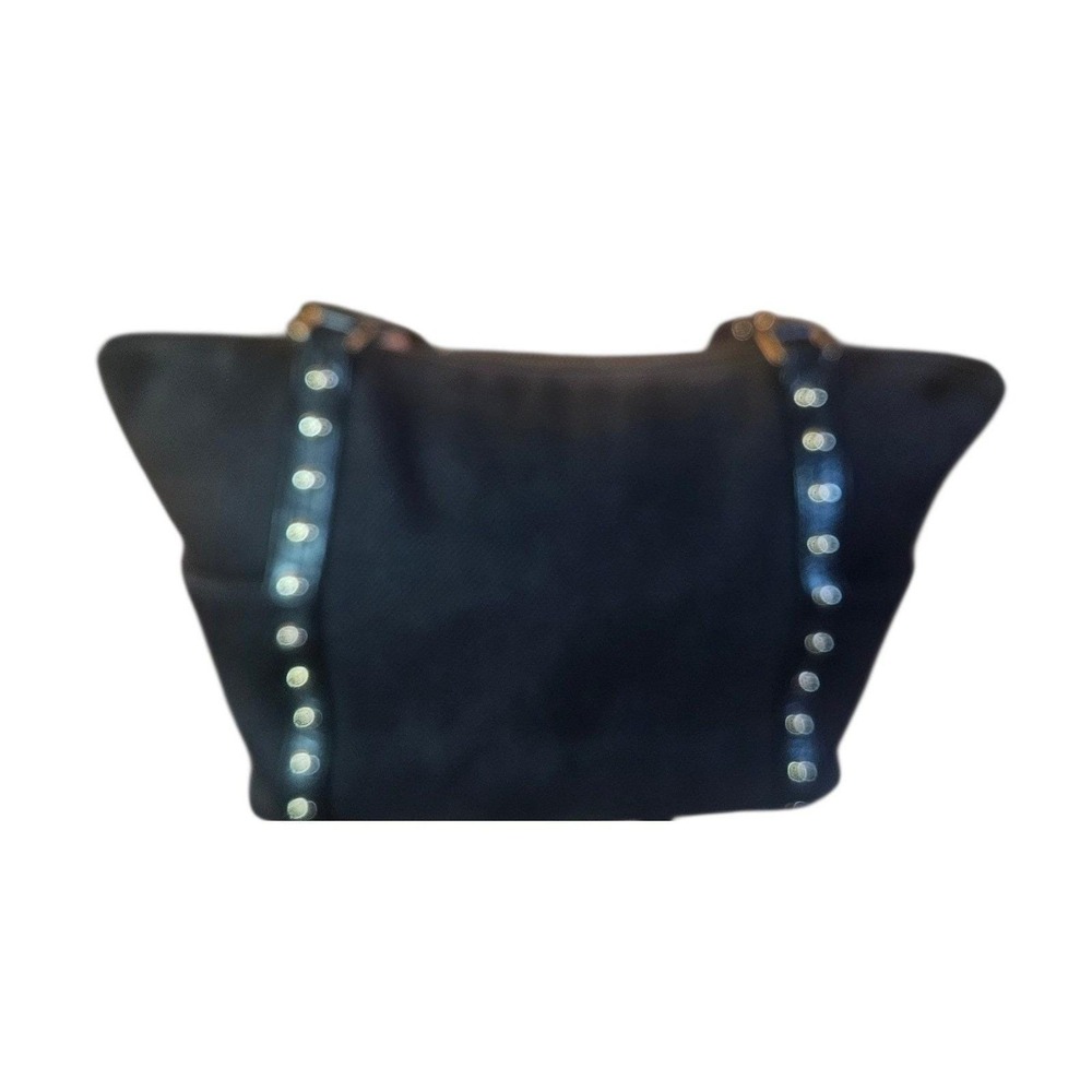 Michael Kors Black Canvas Leather Trim Studded Tote Shoulder Bag Gold Hardware - Picture 2 of 12